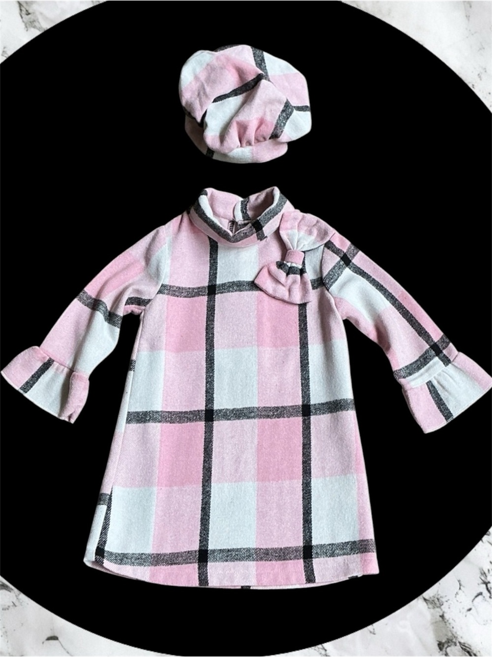 Pink Plaid -Sz 4- Girls Dress with Matching Beret - Pink, White, Gray/Blk